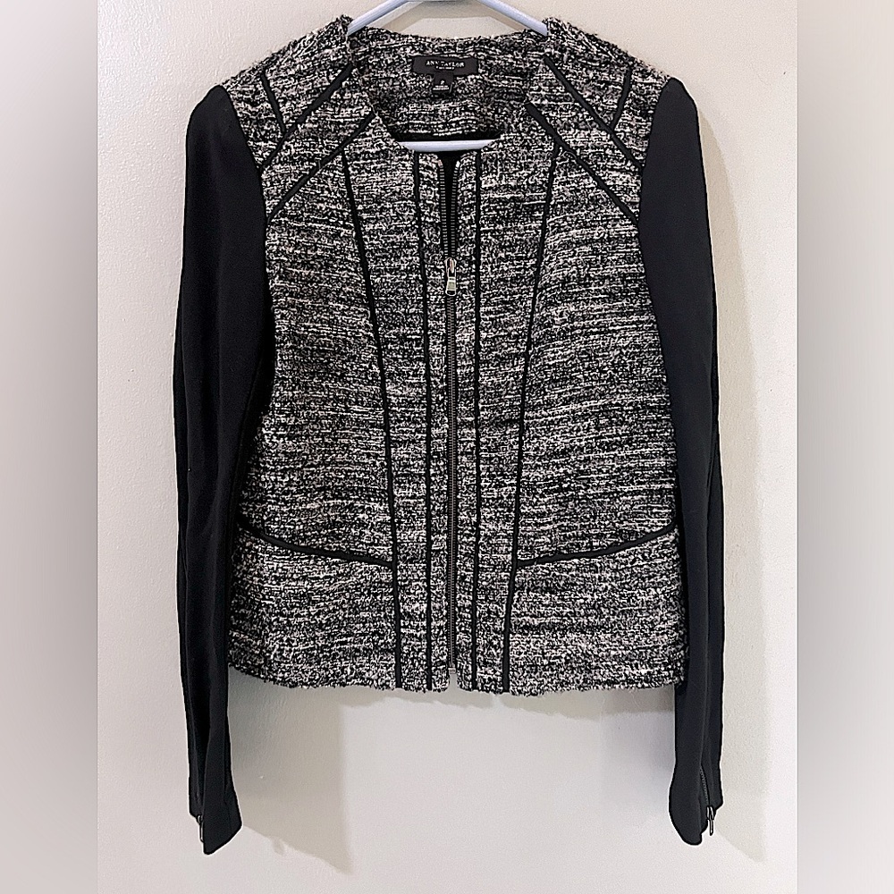 Ann Taylor Black & White Boucle Tweed Wool Blend Ponte Full Zip Moto Jacket Sz 2